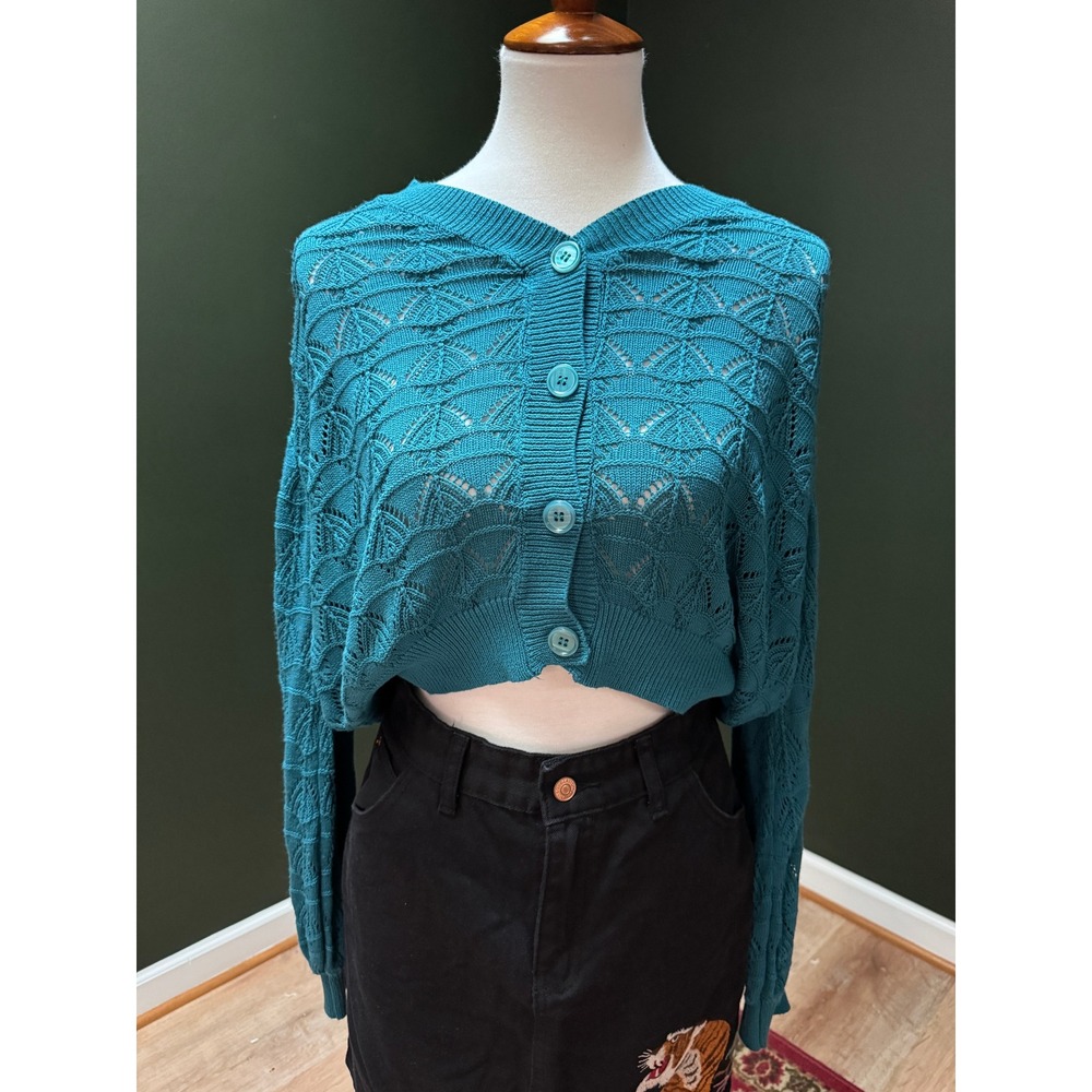 Dokotoo Blue‎ Crochet Knit Open Weave Cropped Sweater Women's XL